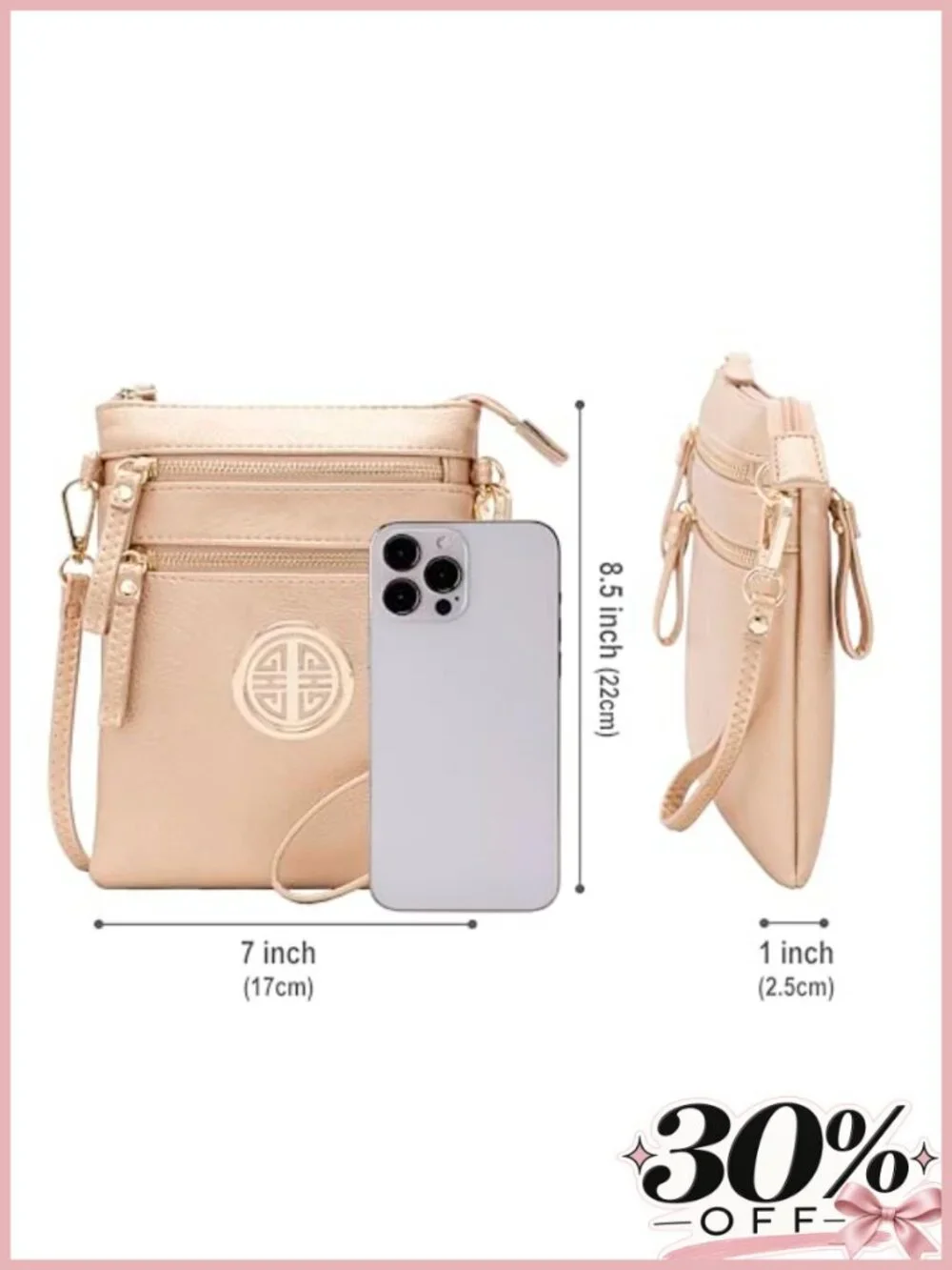 Faux Leather Crossbody Bag Detachable Wristlet Multi Zip Pockets